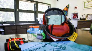 One of the explorer backpacks and its contents at Annie Louise Wilkerson 