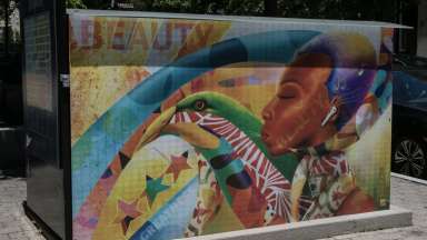 Newsrack art displayed on Fayetteville Street in downtown Raleigh