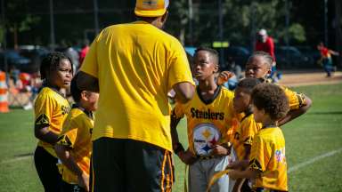 Youth Flag Football Coach talking to the team