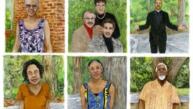 Colorful drawings of people looking at the viewer in everyday life poses.