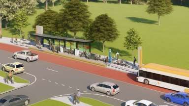 Rendering of new BRT bus station with integrated art