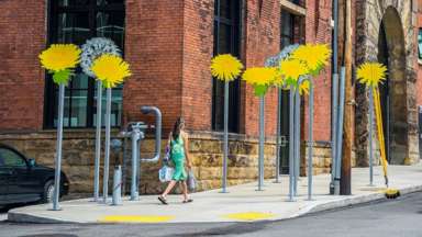 a person walking around a corner with large dandelion sculputures coming out of the sidewalk
