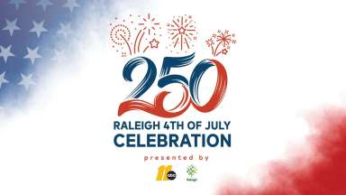 Firework icons with text that says "250 Raleigh 4th of July Celebration"