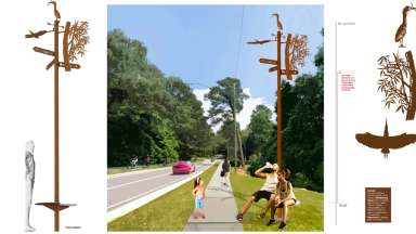 Artists rendering of metal poles with seating at the bottom and birds at the top.