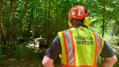 Worker stands looking at Turkey Creek with yellow "Raleigh Water" vest on
