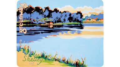 A vivid and rich painting of Shelley Lake and surrounding trees with flat blue, yellow and orange hues. The words Greenway and Shelley Lake are painted in the foreground.