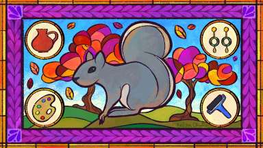 Illustration including a large grey squirrel with art supplies around it and trees in the background