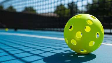 a bright green pickleball on a blue court