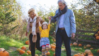 Young child in a pumpkin patch with an older couple