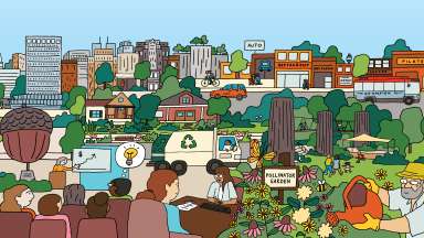 Illustration of a Raleigh community presentation overlooking a city neighborhood, park, pollinator garden, recycling truck, businesses, and skyline.