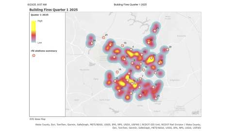 Heat map showing building firest in quarter 1 of 2025