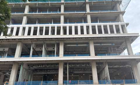 image of new City Hall under construction showing the install of precast walls.