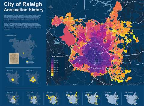 Professional Map Contest winner is Tia Francis, who works in the City's Planning and Development department, with the map highlighting "City of Raleigh Annexation History."