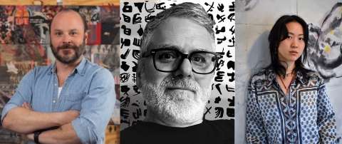 Head shots showing three artists. Luke Buchanan smiles with his arms crossed. Jason Lord is pictured in black and white. Isabel Lu leans against an abstract background.