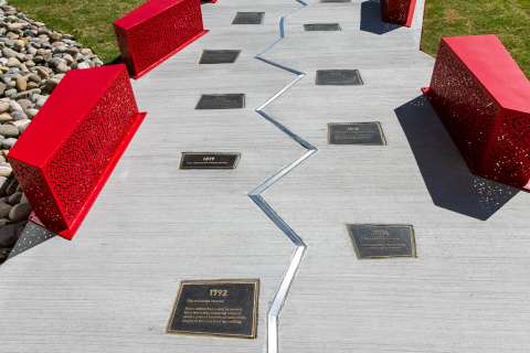 Concrete path with red bricks