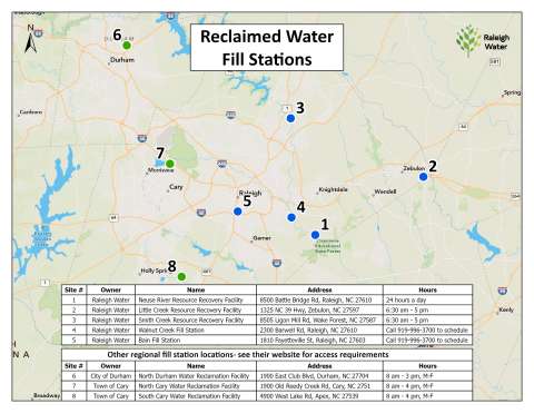 Map of Raleigh area showing gps locations for reclaim water stations