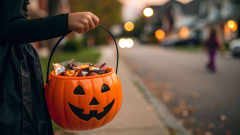 A person in a black costume holds an orange plastic jack-o’-lantern bucket filled with candy on a neighborhood street at dusk.