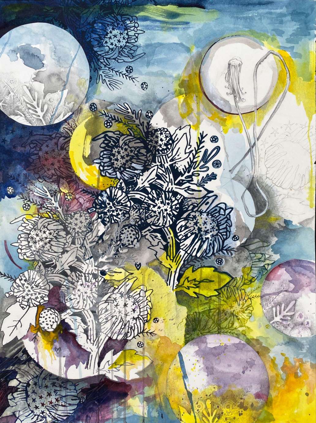 Illustrations on fiber with delicate drawings.