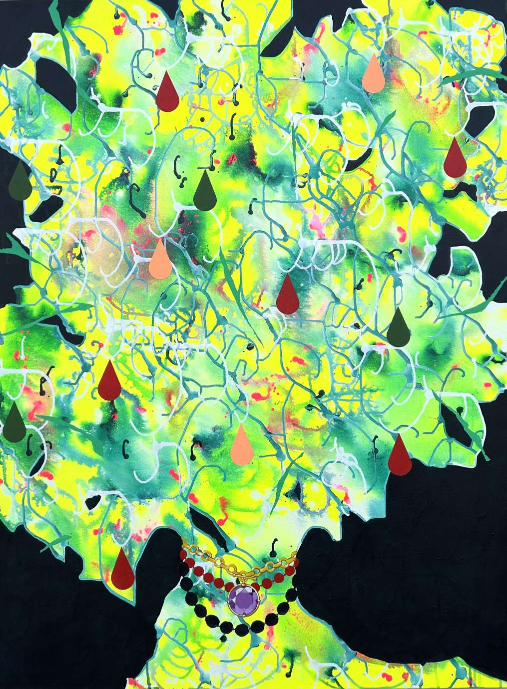 Artwork by Martha Thorn titled "Tree with Thirteen Droplets and Necklaces"