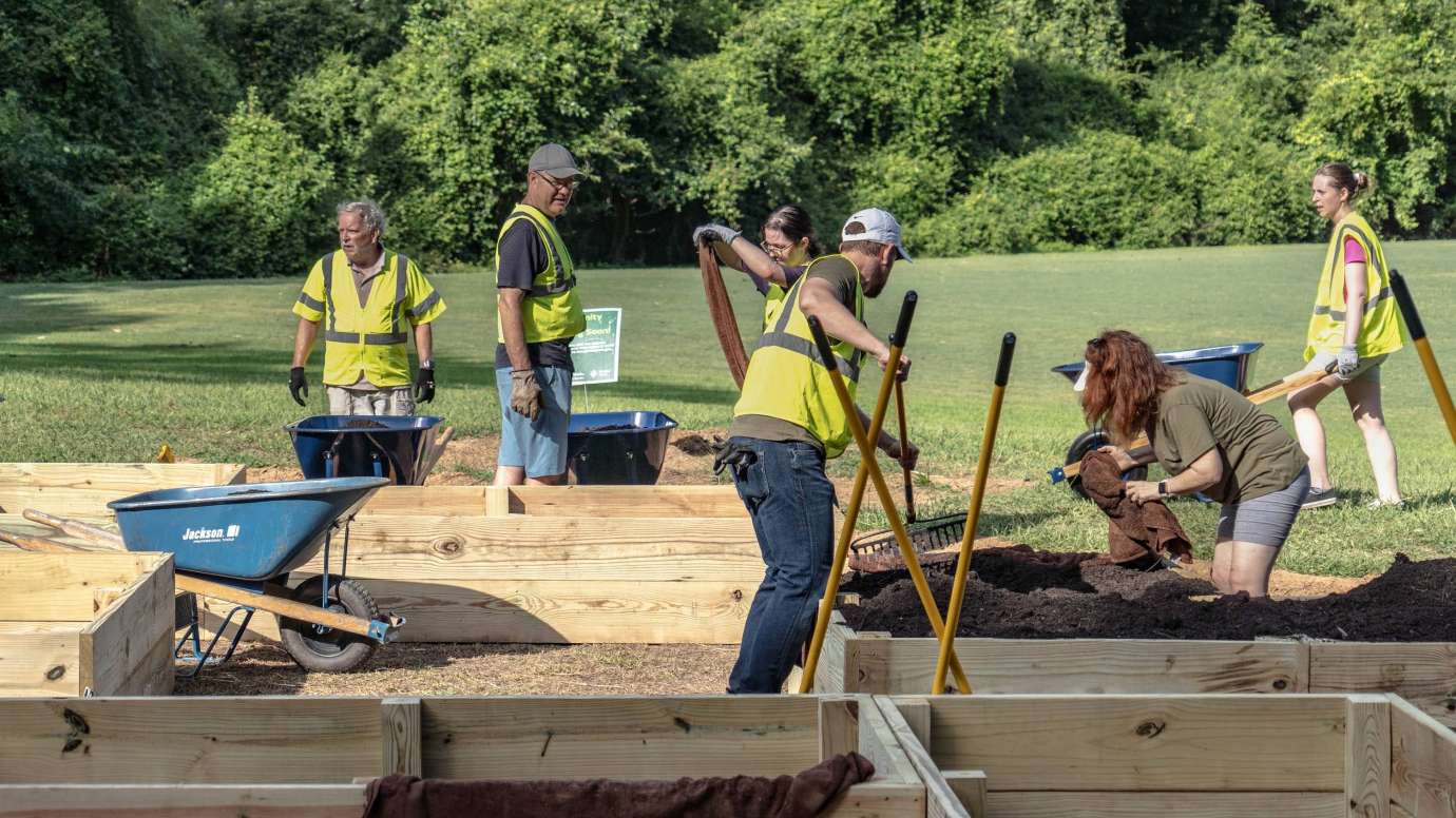 people building a garden box