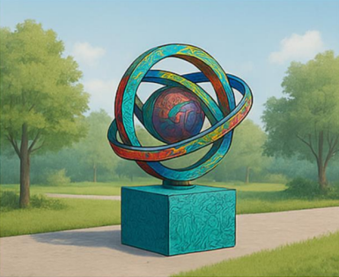 A sculpture with a giant orb with concentric circles around it.