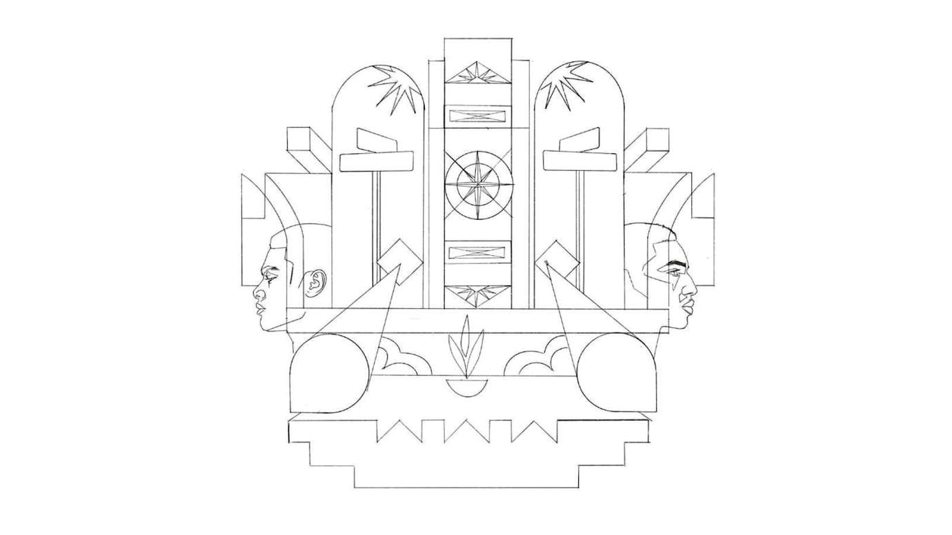 Black and white drawing of mural design