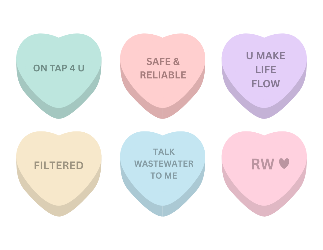 The image shows six pastel-colored heart-shaped candy messages, similar to those found on conversation hearts. The messages are as follows: "ON TAP 4 U" (light blue) "SAFE & RELIABLE" (light pink) "U MAKE LIFE FLOW" (light purple) "FILTERED" (light yellow) "TALK WASTEWATER TO ME" (light blue) "RW ❤️" (light pink)
