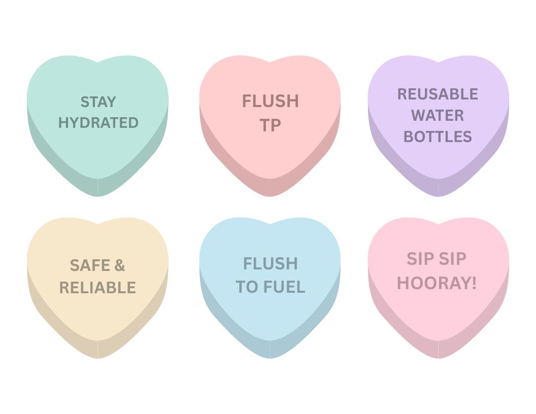 The image features six pastel-colored heart-shaped candy messages with a focus on water, sustainability, and fun phrases. The messages are: "STAY HYDRATED" (light green) "FLUSH TP" (light pink) "REUSABLE WATER BOTTLES" (light purple) "SAFE & RELIABLE" (light yellow) "FLUSH TO FUEL" (light blue) "SIP SIP HOORAY!" (light pink)