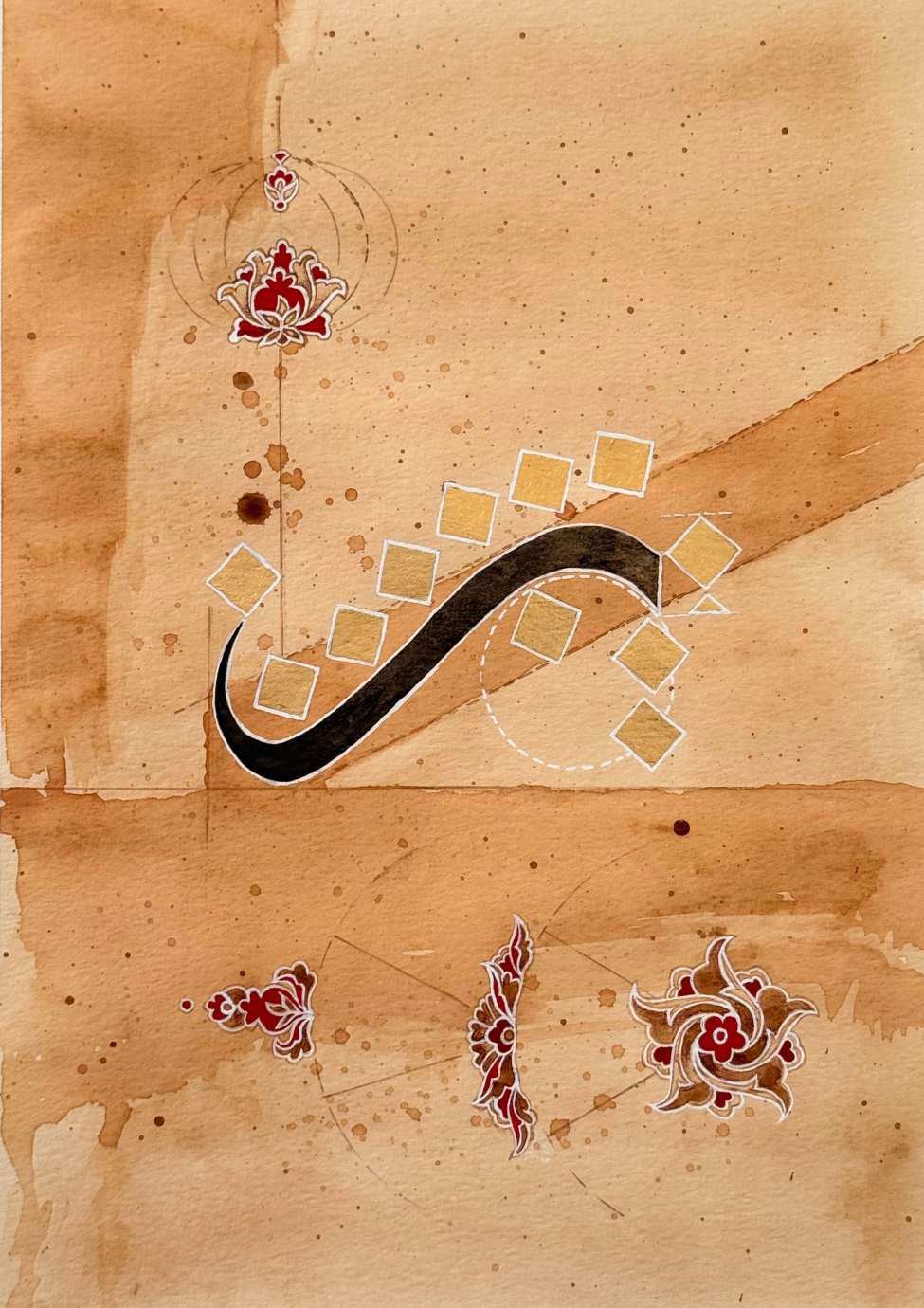 Artwork made with Ink, Tea wash, Gouache and Gold Leaf