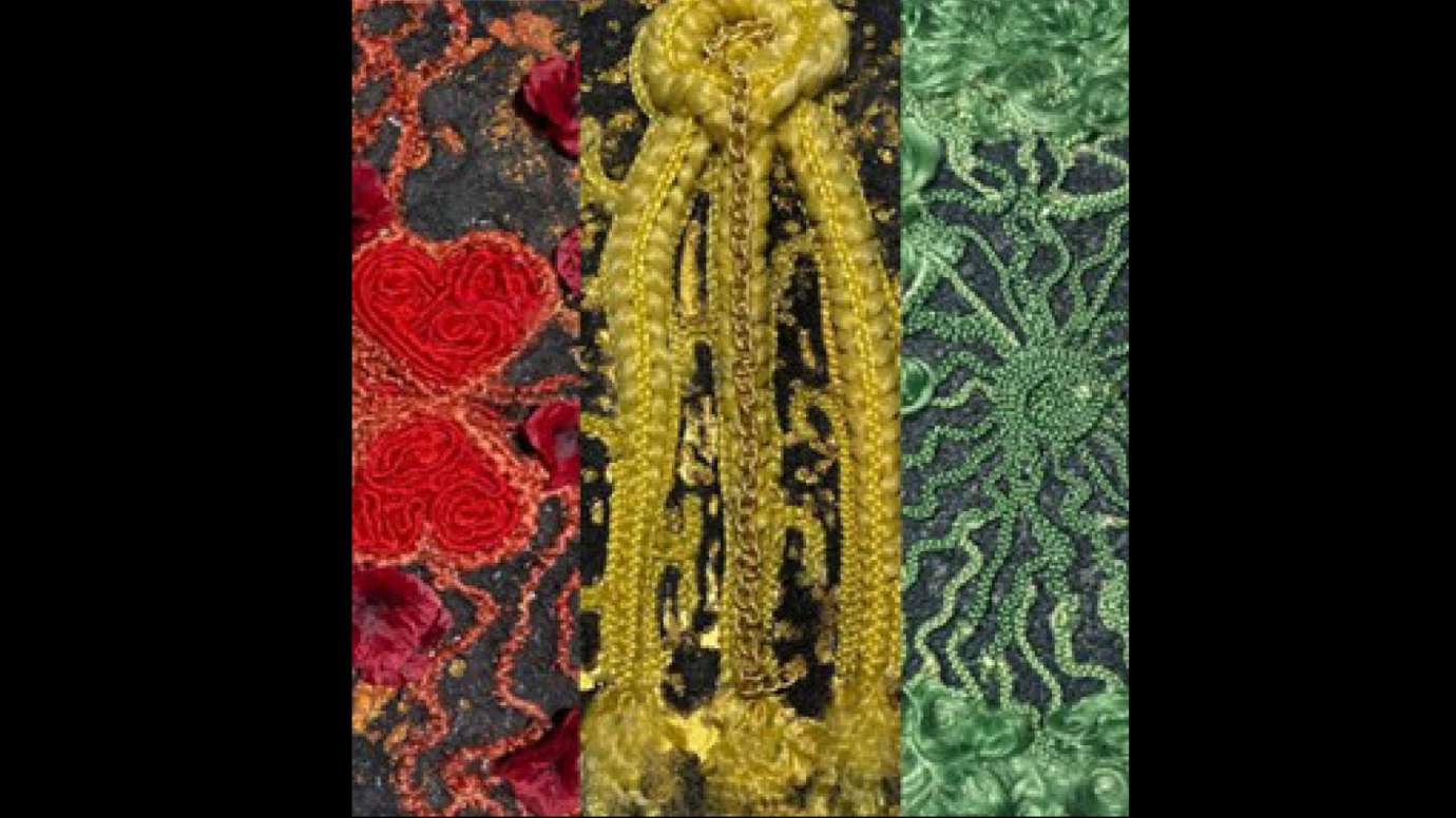 detail of mixed media work by Chris-Annia Dobson in red, yellow, and green