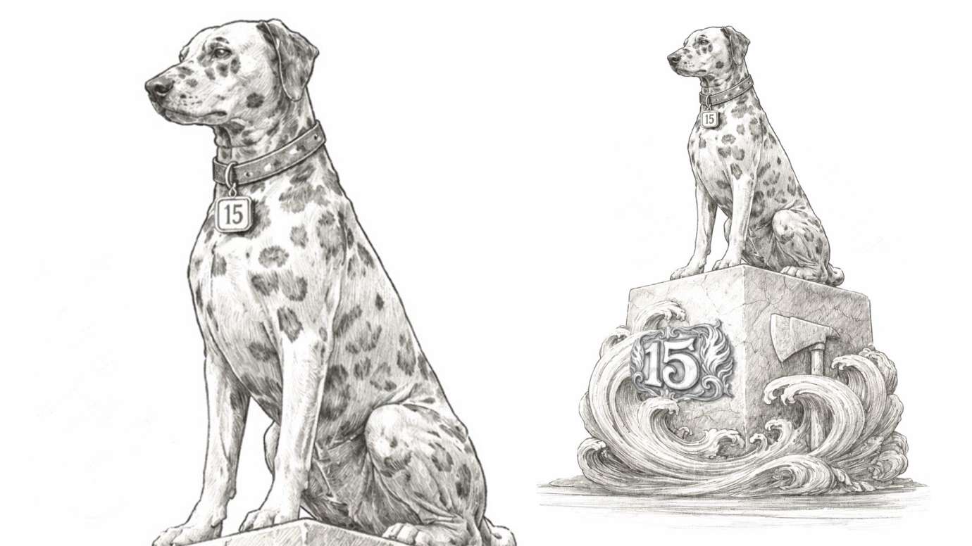 A black and white sketch of a dalmation on top of a plinth with firefighting symbols.
