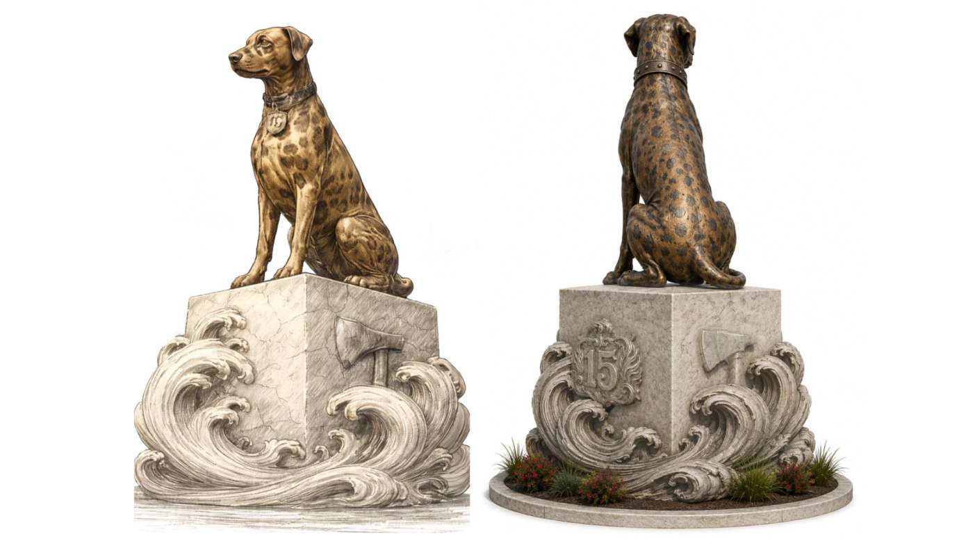 Two views of a bronze dalmation sculpture from the sides