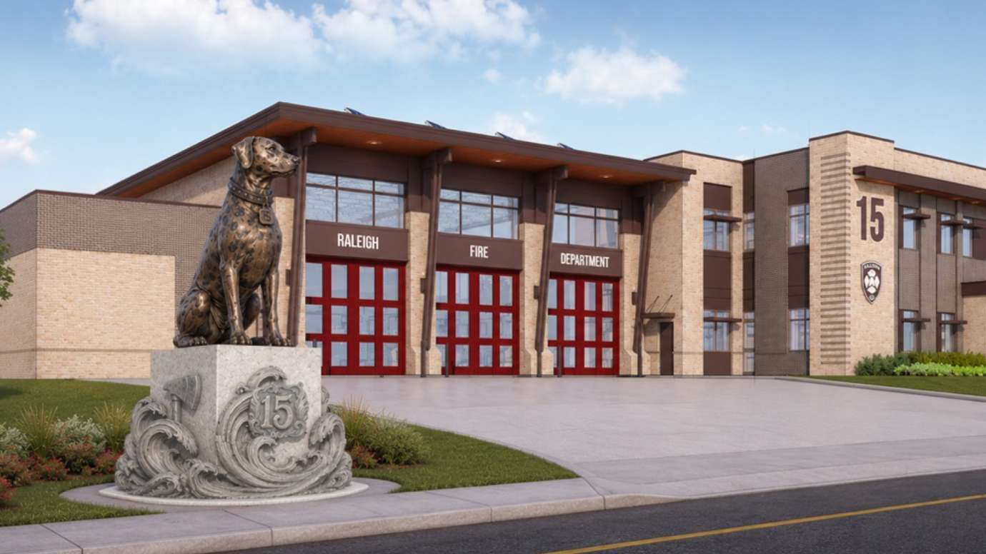 Rendering of a sculpture of a dalmation in front of a fire station