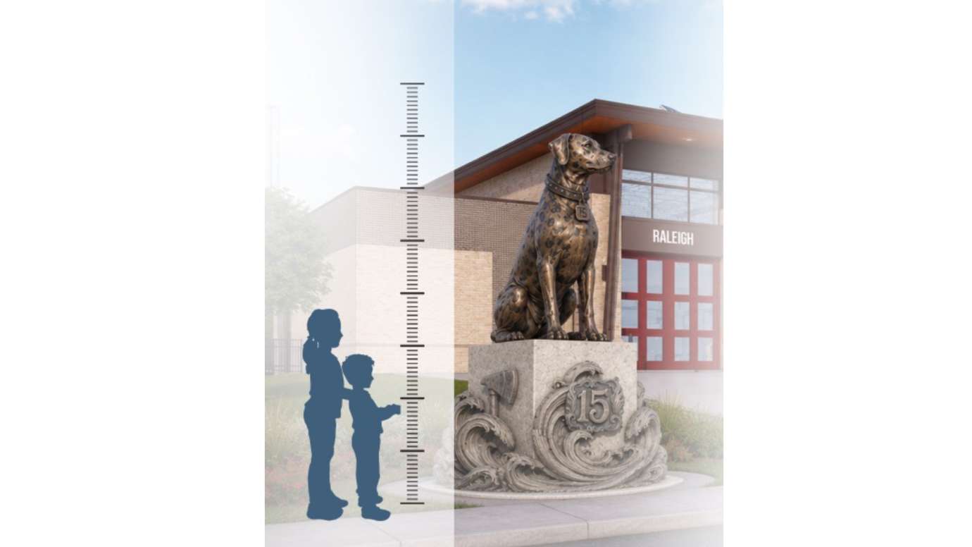 Diagram showing the scale of a sculpture of a dalmatian in comparison to two human children