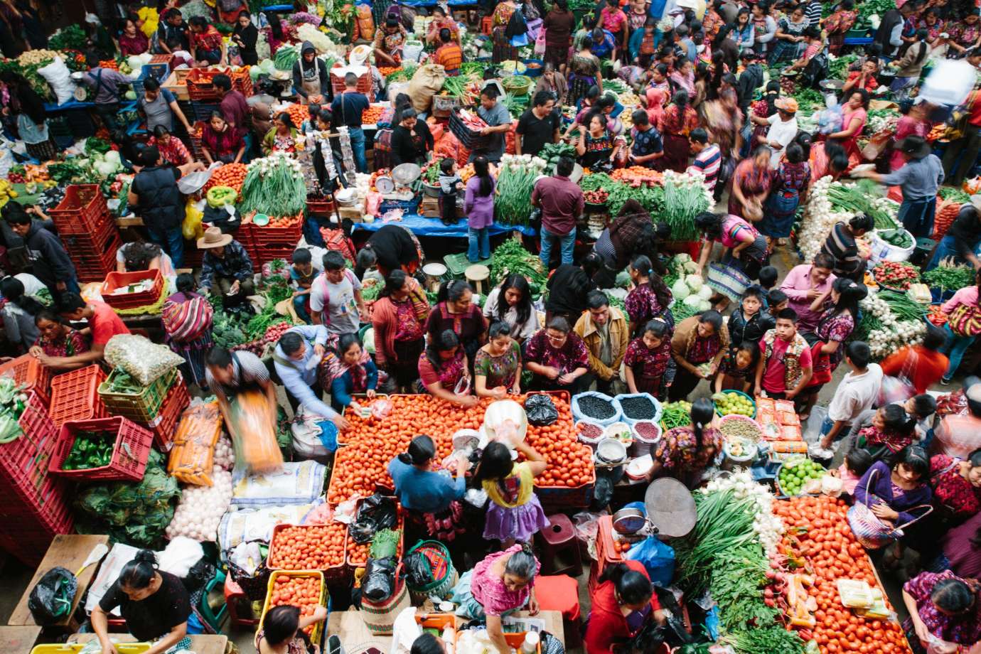 Overhead view of crowded food market