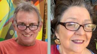 Joel Heidel's headshot on the left and Angelina Marino-Heidel's headshot on the right