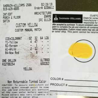 a paint can label for the recommended custom yellow paint at Sherwin Williams