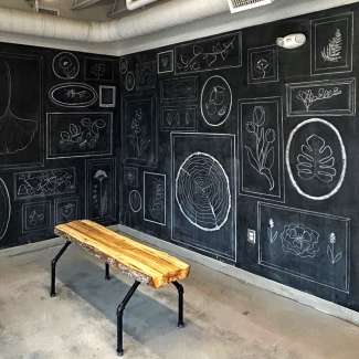 Black chalk board wall with white line drawings of frames with a variety of pictures. 