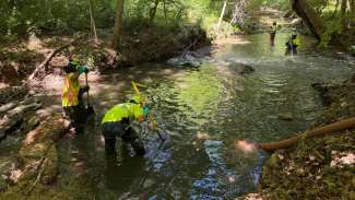 Four Raleigh Water works stand in Turkey Creek cleaning up wastewater spillage
