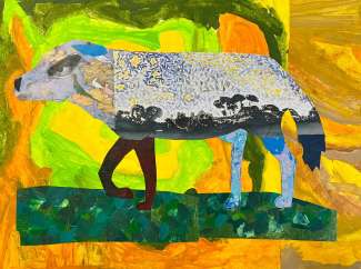 colorful mixed media work depicting a collaged image of a dog